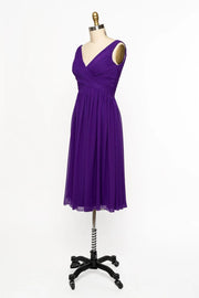 V Neck Sleeveless Crisscross Short Purple Chiffon Bridesmaid