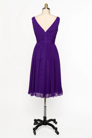 V Neck Sleeveless Crisscross Short Purple Chiffon Bridesmaid