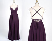 V-Neck Spaghetti Strap Criss-Cross Strappy Plum Chiffon 