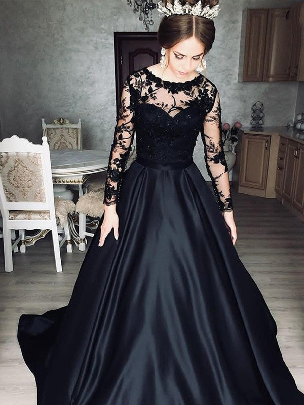 A-Line Satin Lace Illusion Bateau Long Sleeves Sweep Black Wedding Dress