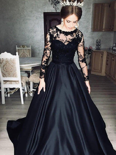 A linha de cetim Renda Ilusão Bateau mangas compridas varredura vestido de casamento preto