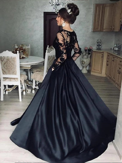 A-Line Satin Lace Illusion Bateau Longues Manches Sweep robe de mariée noire