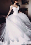 Off Shoulder Ball Gown Floor Length Lace Tulle Wedding Dress