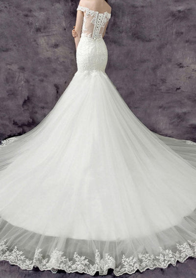 Off Shoulder Chapel Beaded Lace Tulle Mermaid Wedding Dress 