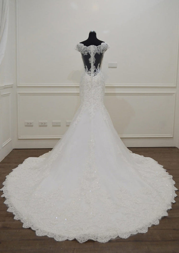 Off Shoulder Chapel Lace Column Bridal Gown Wedding Dress 