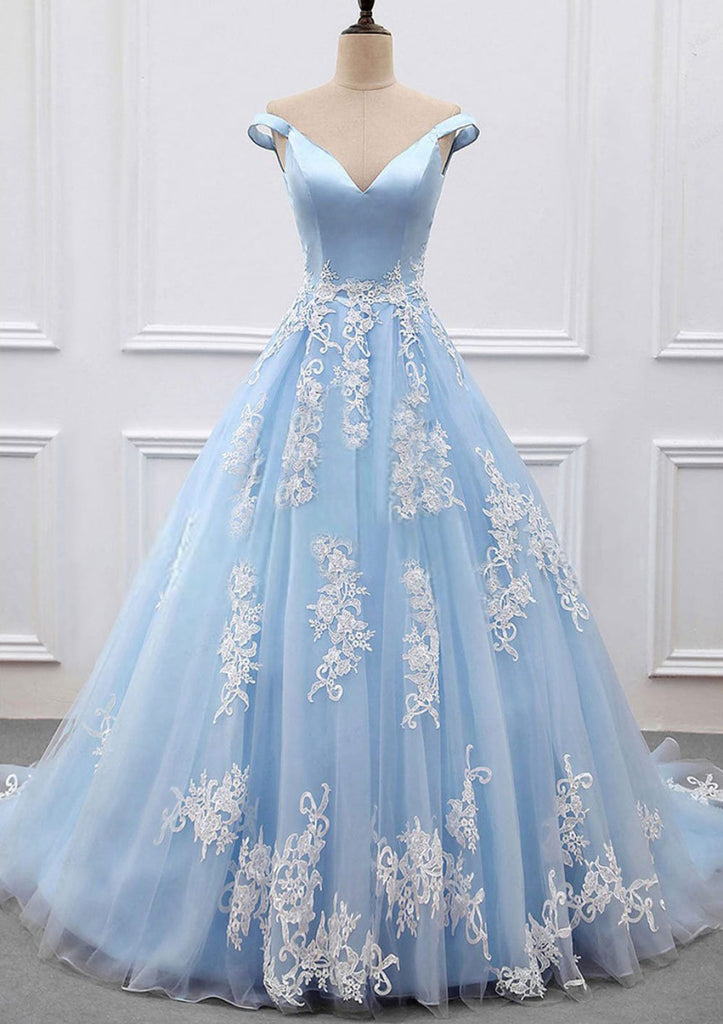 Elegant Sky Blue Satin Beading Pearl Lace Flower Prom Dresses 2023 Ball Gown  Square Neckline Puffy