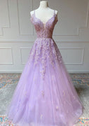 Off Shoulder Open Back Lilac Lace Tulle Prom Dress Formal Evening Gown