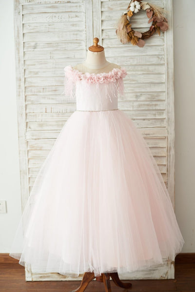 Off Shoulder Pink Tulle Feathers Wedding Party Flower Girl 