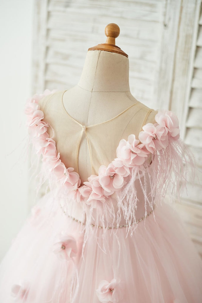 Off Shoulder Pink Tulle Feathers Wedding Party Flower Girl 