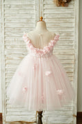 Vestido de niña de flores para fiesta de boda con plumas de tul rosa con hombros descubiertos
