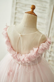 Off Shoulder Pink Tulle Feathers Wedding Party Flower Girl 