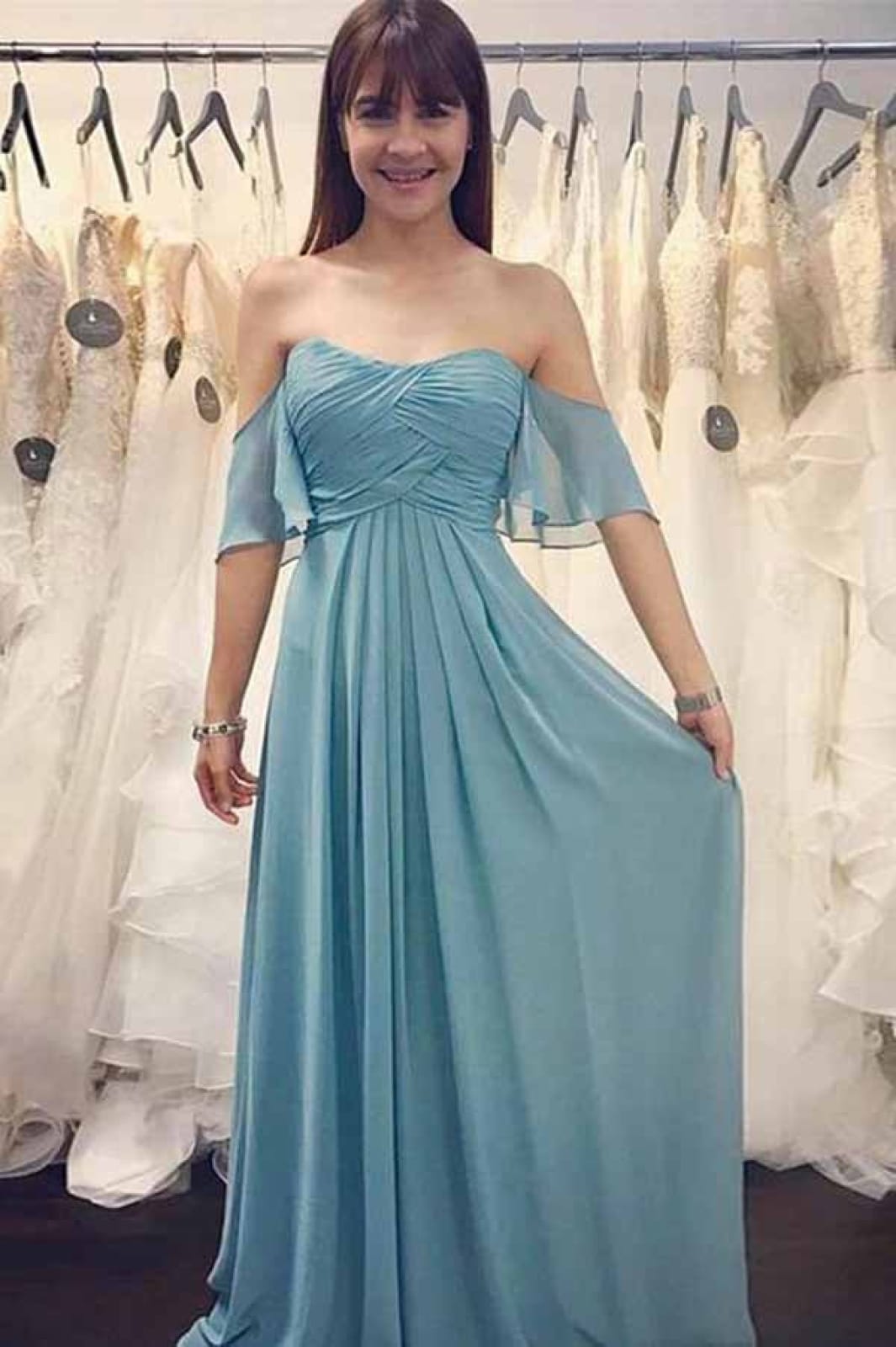Off Shoulder Sweetheart Ruched Chiffon Long Sweep Train Bridesmaid Dre -  Princessly
