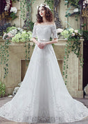 Schulterfreies, weißes Prinzessinnen-A-Linien-Spitzen-Tüll-Hochzeitskleid