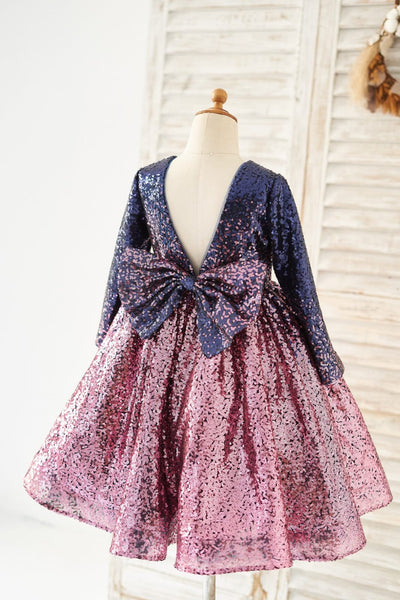 Ombre Navy Pink Sequin V Back Wedding Flower Girl Dress with