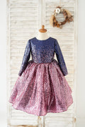 オンブル ネイビー + ピンク スパンコール V バック長袖ウェディング フラワー ガール ドレス、弓
