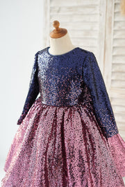 Ombre Navy Pink Sequin V Back Wedding Flower Girl Dress with