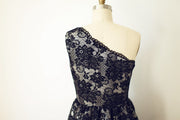 One Shoulder Black Lace Short Knee Length Wedding Bridesmaid