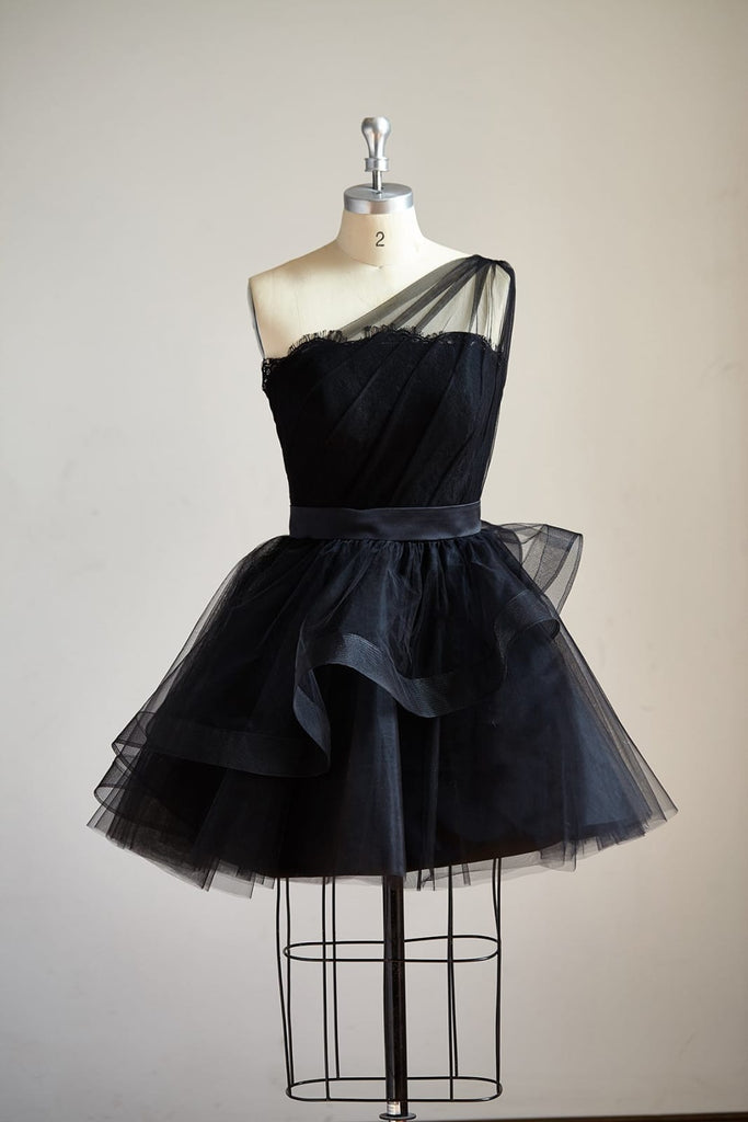 One Shoulder Black Lace Tulle Short Knee Prom Dress Cocktail Party Dre -  Princessly