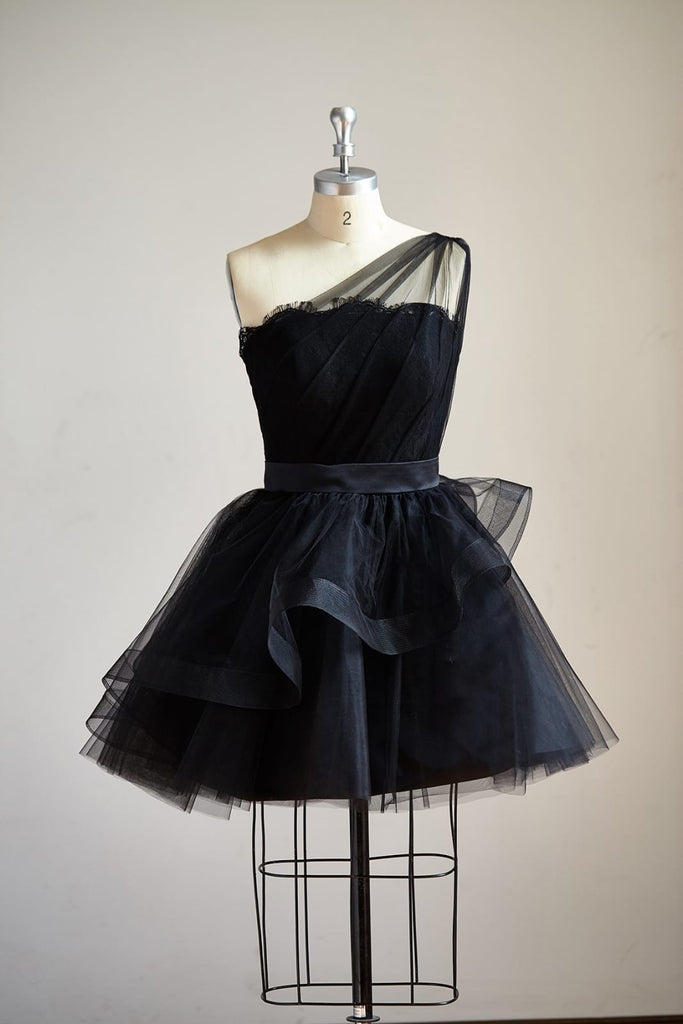 One Shoulder Black Lace Tulle Short Knee Prom Dress Cocktail