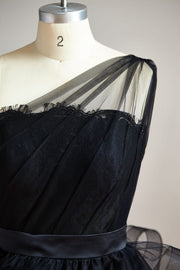 One Shoulder Black Lace Tulle Short Knee Prom Dress Cocktail