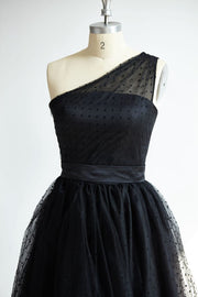 One Shoulder Black Polk Dot Tulle Short Tea Length Prom 