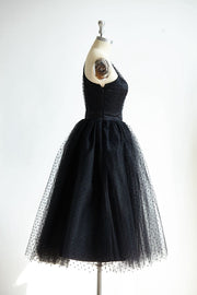 One Shoulder Black Polk Dot Tulle Short Tea Length Prom 