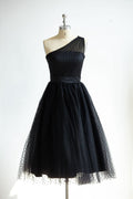 One Shoulder Black Polk Dot Tulle Short Tea Length Prom Party Dress