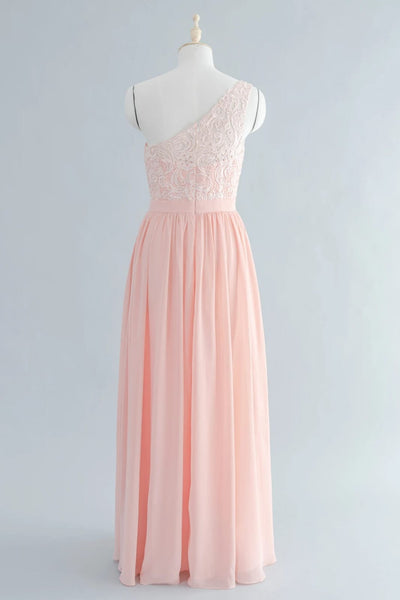 One Shoulder Floor-Length Blush Lace Chiffon Bridemaid Dress