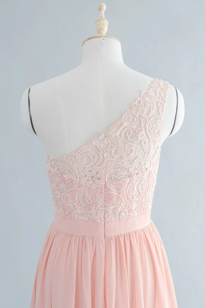 One Shoulder Floor-Length Blush Lace Chiffon Bridemaid Dress