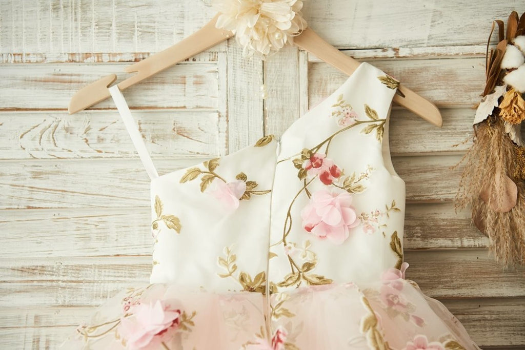 One Shoulder Floral Organza Pink Tulle Cupcake Wedding 