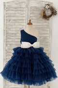 Un hombro azul marino Cupcake tul boda vestido de niña de las flores vestido de fiesta para niños