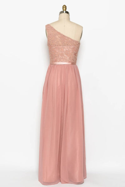 One Shoulder Peach Pink Lace Chiffon Long Bridesmaid Dress -