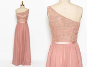 One Shoulder Peach Pink Lace Chiffon Long Bridesmaid Dress -