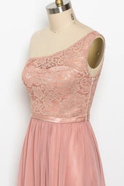 One Shoulder Peach Pink Lace Chiffon Long Bridesmaid Dress -