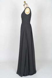 One Shoulder Pleated Bodice Black Chiffon Long Bridesmaid 