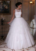 Бальное платье-кейк из органзы, свадебное платье-бато без рукавов, кружево из бисера