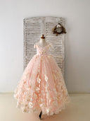 Персиковое 3D кружевное платье из тюля с открытыми плечами, свадебное платье с цветочным узором для девочек, детское театрализованное платье