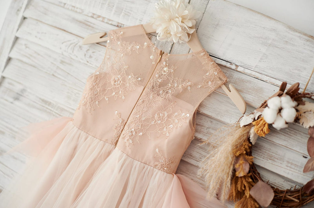 Peach Lace Tulle Organza Ruffle Wedding Flower Girl Dress   Princessly