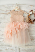 Персиковое кружевное тюлевое платье из органзы с оборками на свадьбу для девочек-цветочниц