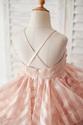 Peach Stripe Organza Spaghetti Straps Wedding Flower Girl Dress