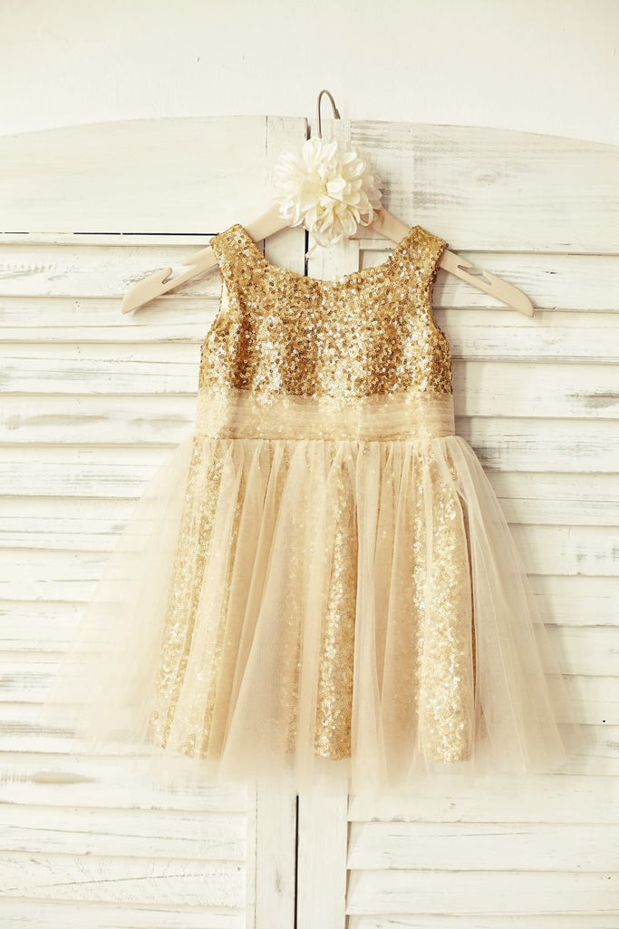 Peach Pink Sequin Tulle Flower Girl Dress - 2T / Gold