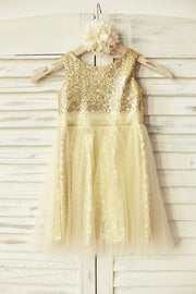 Peach Pink Sequin Tulle Flower Girl Dress - 2T / Light Gold