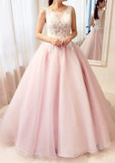 Pearl Pink Ball Gown Bateau Lace Tulle Wedding Party Prom Dress