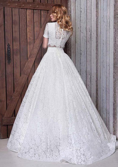Two Piece Ball Gown Floor Length Sweep Lace Wedding Dress - 