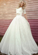 Two Piece Ball Gown Short Sleeve Floor Length Sweep Lace Wedding Dress