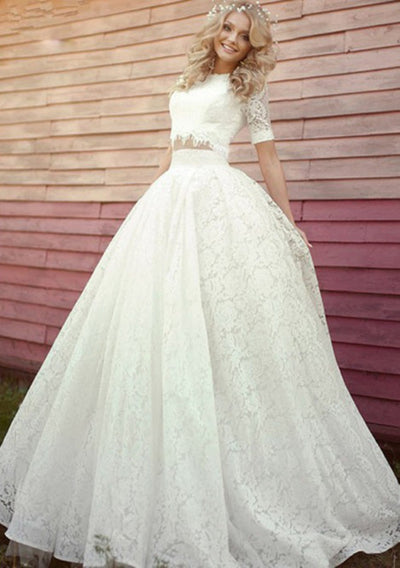 Two Piece Ball Gown Floor Length Sweep Lace Wedding Dress - 