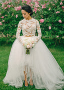 Two Piece Long Sleeve Ball Gown Lace Tulle High Low Wedding Dress