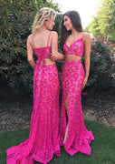 2 Piece Bra Top Mermaid Straps Fishtail Lace-up Fuchsia Lace Prom Dress, Split