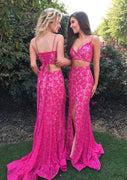Two Piece Bra Top Mermaid Straps Fishtail Lace-up Fuchsia Lace Prom Dress, Split