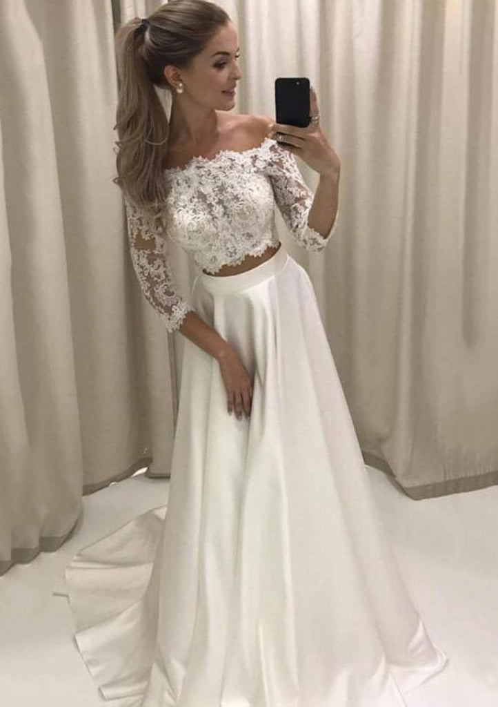 Two Piece Off Shoulder 3/4 Sleeve Lace Appliqued Satin 